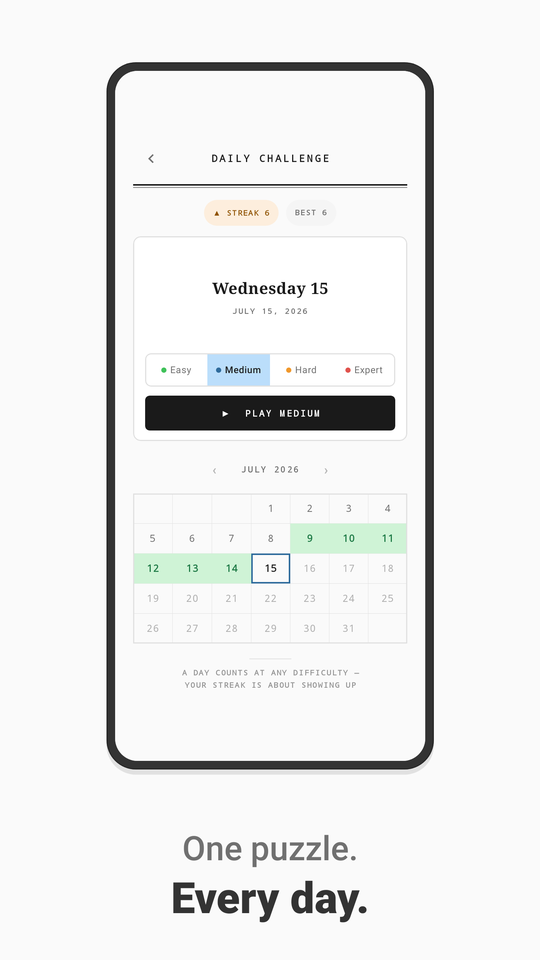 The daily challenge calendar with a running streak